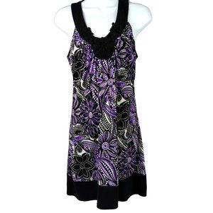 Wrapper Mini Dress Black Purple Floral Embroidered Sleeveless Jersey Sz XS